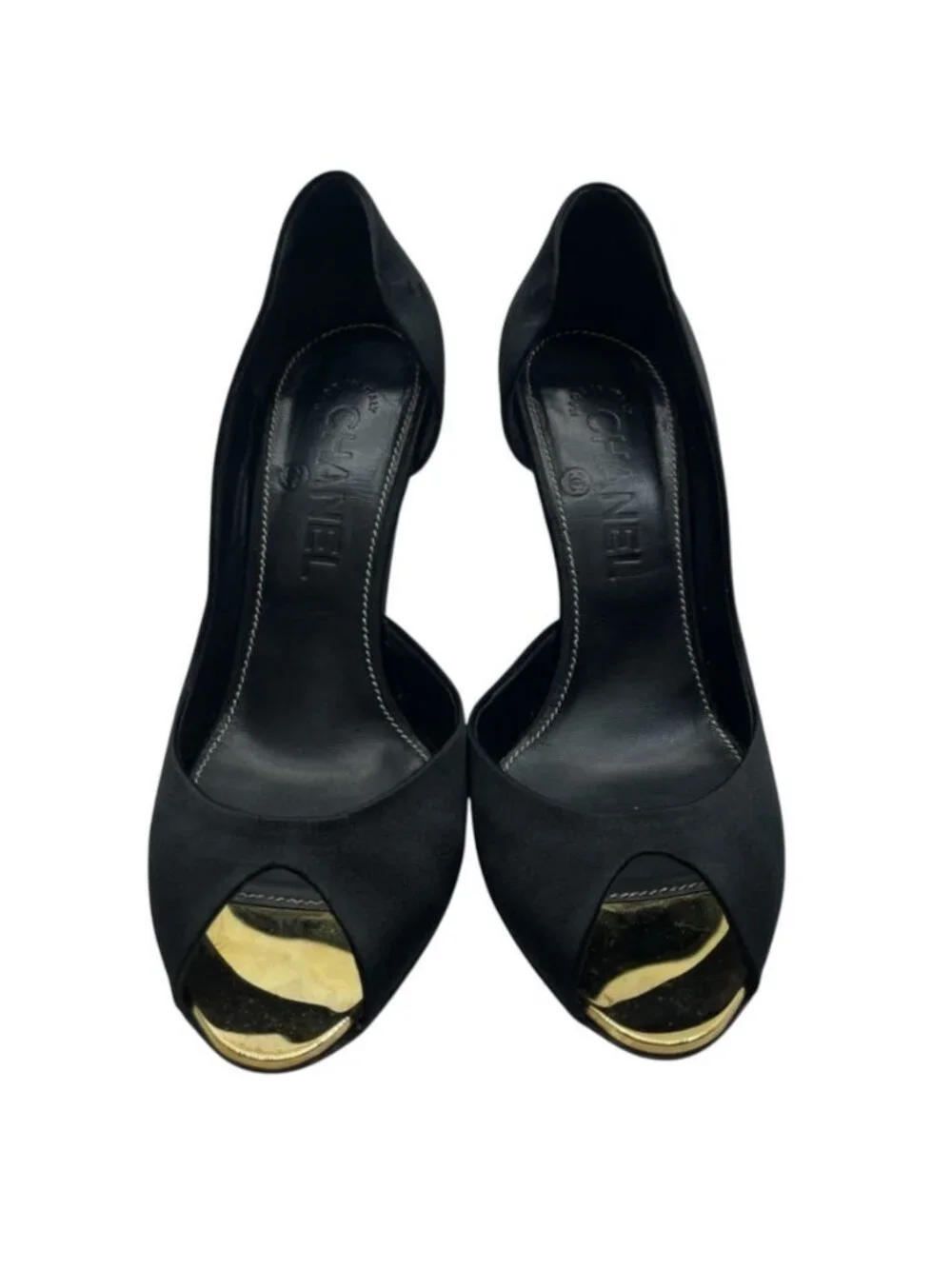 Chanel Pumps High Heels Open Toe Satin Leather Black Gold Shoes Casual